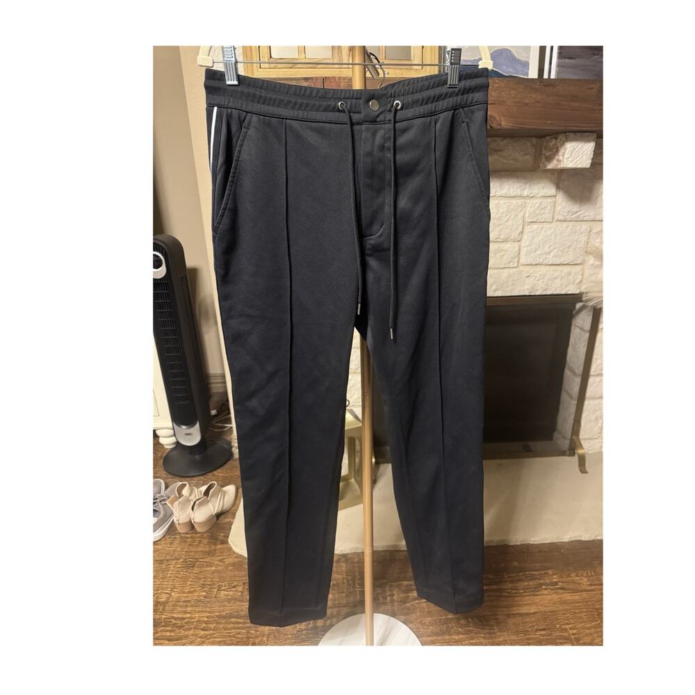 Mitchell & Ness Men's Black Knit Casual Pants M Tapered Pleated Zip Pockets Logo